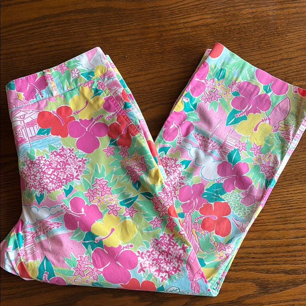 Lilly Pulitzer Pink and Green Floral Cropped Stretch Cotton Pants EUC
